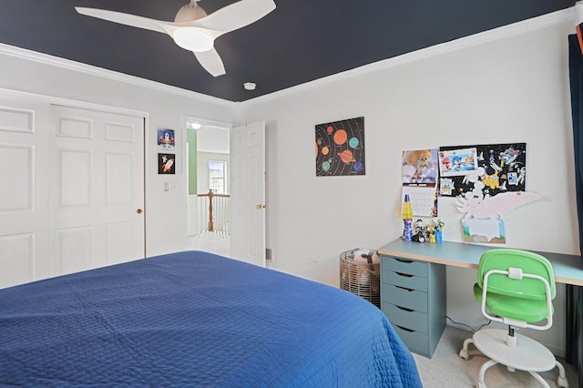 bedroom with carpet, a ceiling fan, and crown molding