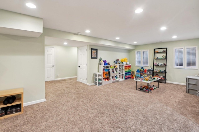 game room featuring baseboards, carpet, and recessed lighting