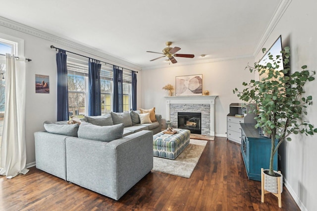living area with baseboards, a fireplace, a ceiling fan, crown molding, and dark wood finished floors