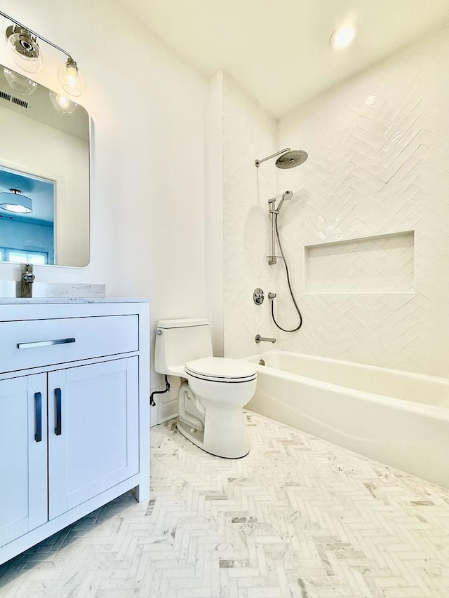 full bath with vanity, visible vents, recessed lighting, toilet, and shower / bath combination