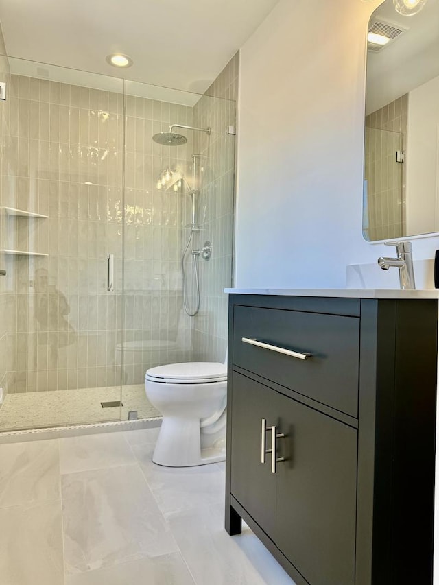 full bath with vanity, recessed lighting, toilet, a shower stall, and visible vents