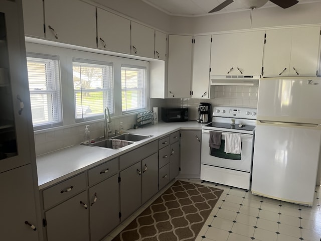 kitchen featuring under cabinet range hood, a sink, white appliances, and a healthy amount of sunlight