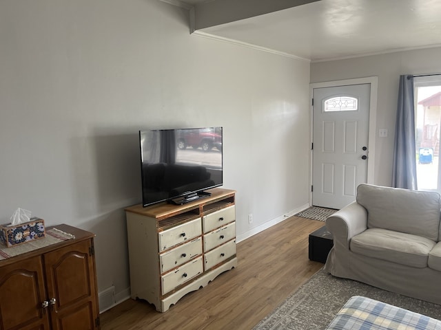 living area with baseboards, ornamental molding, and light wood-type flooring