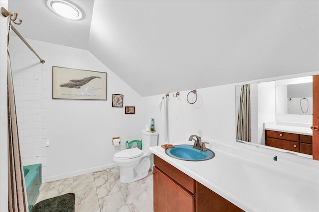 bathroom with vaulted ceiling, vanity, toilet, shower / bath combo with shower curtain, and marble look tiles