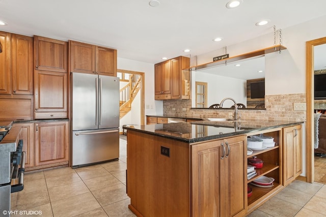 22846 W Lochanora Dr, Hawthorn Woods, IL 60047 - kitchen featuring stainless steel fridge, tasteful backsplash, brown cabinetry, and recessed lighting