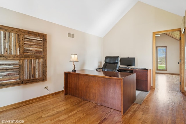 22846 W Lochanora Dr, Hawthorn Woods, IL 60047 - office with light wood-type flooring, baseboards, and high vaulted ceiling