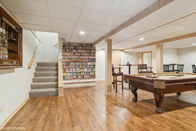 22846 W Lochanora Dr, Hawthorn Woods, IL 60047 - rec room with wood finished floors, baseboards, billiards table, a paneled ceiling, and recessed lighting