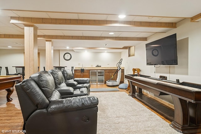 22846 W Lochanora Dr, Hawthorn Woods, IL 60047 - living room with bar with sink, light wood-type flooring, beverage cooler, beamed ceiling, and billiards