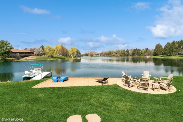 22846 W Lochanora Dr, Hawthorn Woods, IL 60047 - dock area featuring a lawn, a water view, and a fire pit