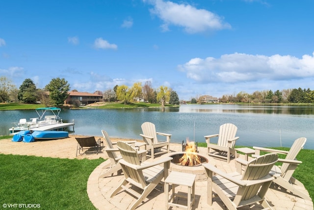 22846 W Lochanora Dr, Hawthorn Woods, IL 60047 - dock area with a fire pit, a water view, and a lawn