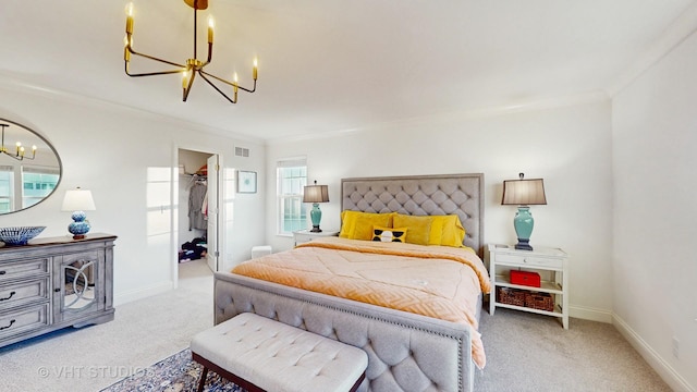 bedroom with crown molding, visible vents, light colored carpet, and an inviting chandelier