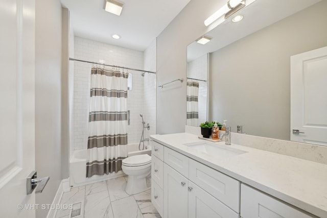 2733 N Maplewood Ave, Chicago, IL 60647 - full bathroom featuring vanity, shower / bathtub combination with curtain, marble finish floor, toilet, and visible vents