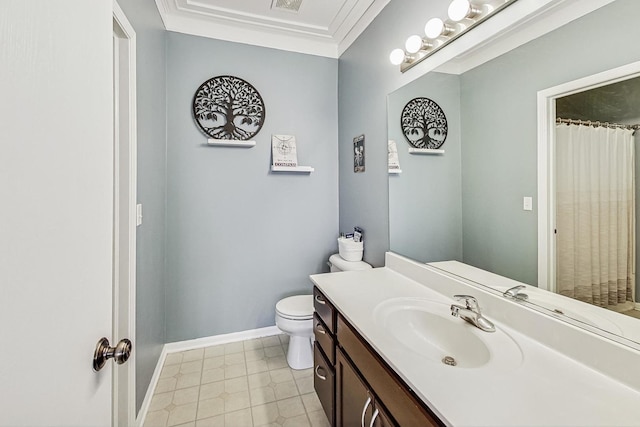 1412 Plantain Dr, Minooka, IL 60447 - full bathroom featuring tile patterned flooring, toilet, vanity, crown molding, and baseboards