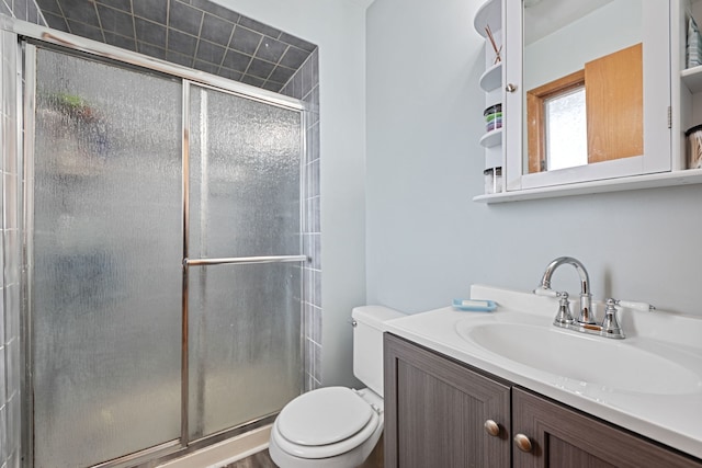 bathroom with toilet, vanity, and a stall shower