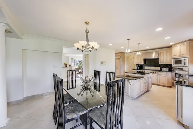 dining space featuring recessed lighting, light tile patterned floors, and an inviting chandelier