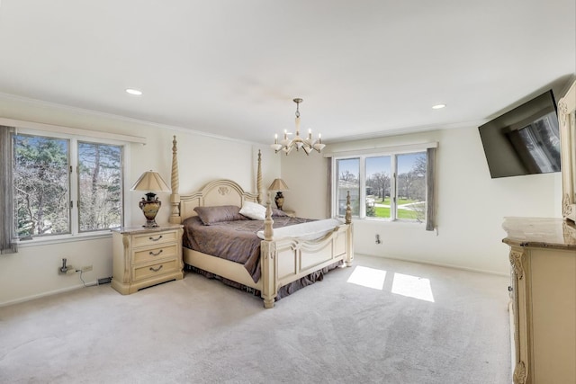 bedroom featuring a chandelier, light colored carpet, baseboards, and ornamental molding