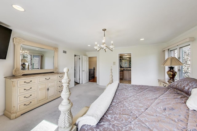 bedroom with light carpet, a notable chandelier, ornamental molding, and recessed lighting