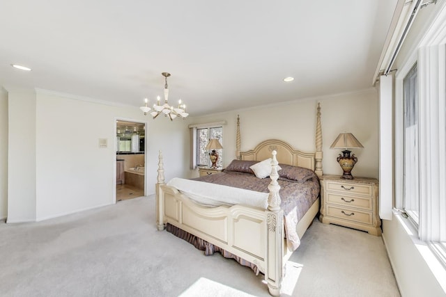 bedroom featuring crown molding, a notable chandelier, and light carpet