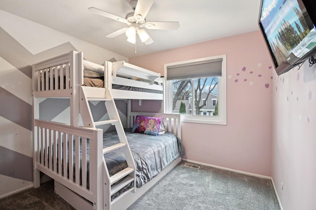 bedroom with ceiling fan, baseboards, carpet flooring, and visible vents