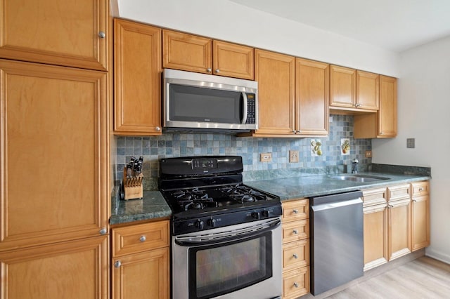 kitchen with light wood-style flooring, a sink, dark stone counters, backsplash, and appliances with stainless steel finishes