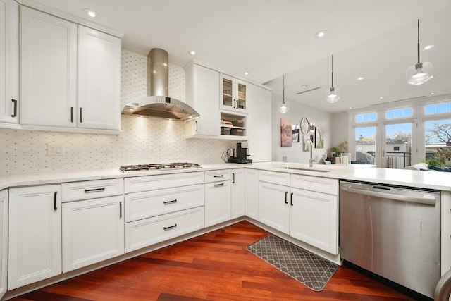 2041 W Division St Unit 304, Chicago, IL 60622 - kitchen featuring stainless steel dishwasher, wall chimney range hood, gas cooktop, dark wood-type flooring, and a sink