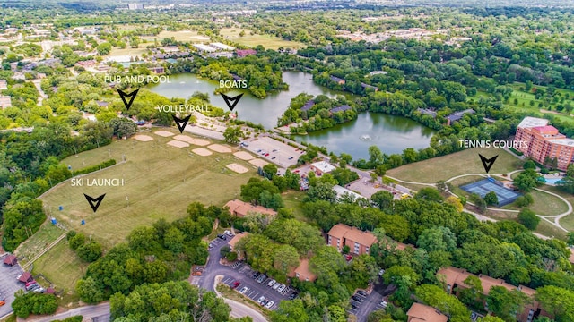 bird's eye view with a water view
