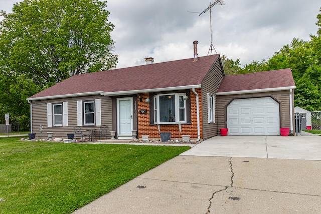 bungalow-style home with an attached garage, driveway, a front yard, a shingled roof, and brick siding