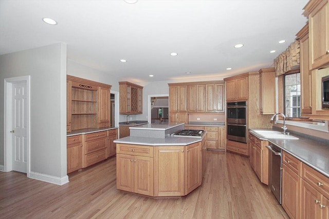 37 River Ridge Drive, Sleepy Hollow, IL 60118 - kitchen featuring stainless steel appliances, a center island, light wood-style flooring, open shelves, and recessed lighting