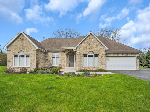 single story home with brick siding, an attached garage, roof with shingles, and driveway
