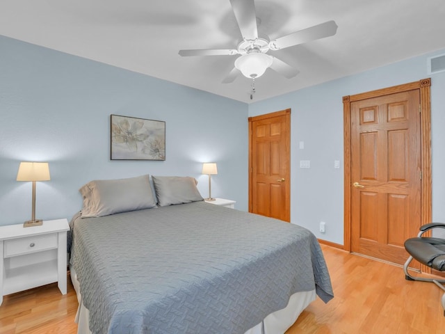 bedroom featuring baseboards, a ceiling fan, light wood-type flooring, and visible vents