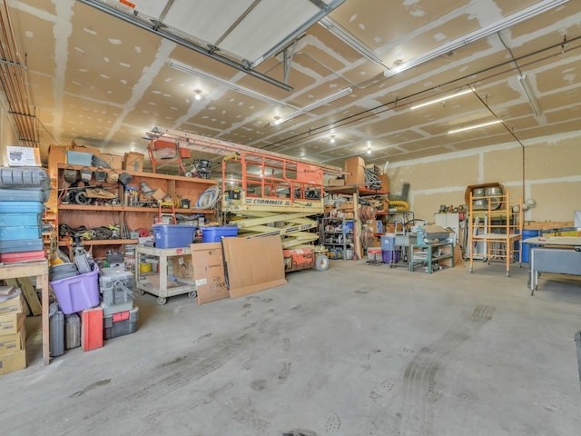 garage with a workshop area