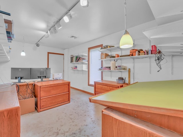 kitchen featuring hanging light fixtures, open shelves, and visible vents