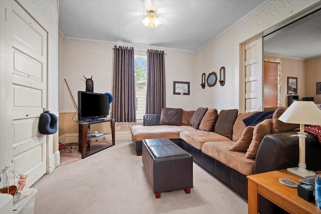 219 W Bennett St, Pontiac, IL 61764 - carpeted living area featuring ornamental molding and wallpapered walls