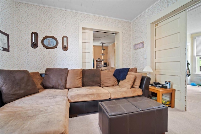 219 W Bennett St, Pontiac, IL 61764 - living room featuring ornamental molding, wallpapered walls, and light colored carpet