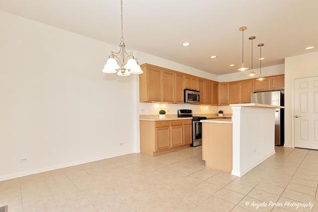 kitchen with a chandelier, appliances with stainless steel finishes, light countertops, and hanging light fixtures