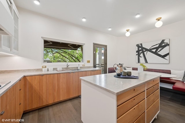 1333 N Bell Ave, Chicago, IL 60622 - kitchen featuring dark wood finished floors, a kitchen island, recessed lighting, and a sink