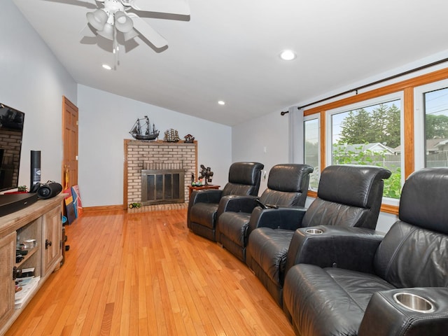11554 S Neenah Ave, Worth, IL 60482 - living area with a brick fireplace, vaulted ceiling, ceiling fan, healthy amount of natural light, and recessed lighting