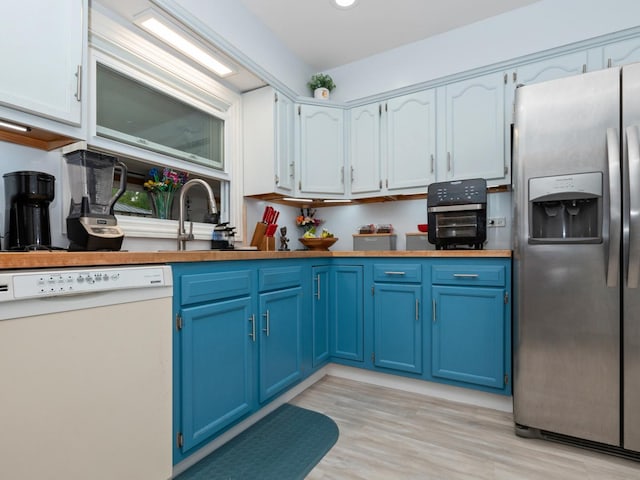11554 S Neenah Ave, Worth, IL 60482 - kitchen featuring white dishwasher, stainless steel refrigerator with ice dispenser, blue cabinetry, light wood-style floors, and recessed lighting