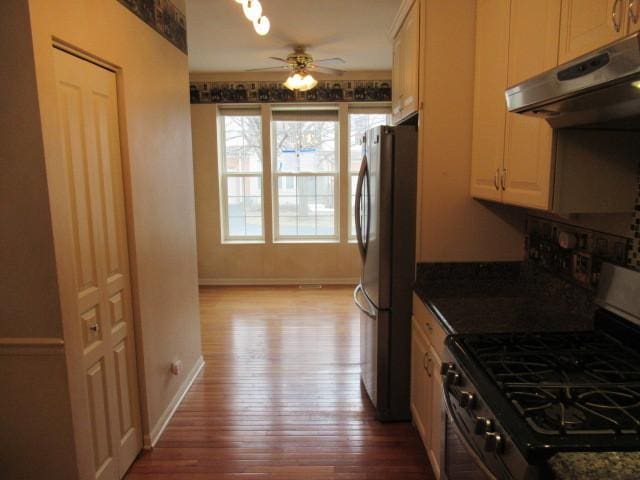 2844 Waterfront Ave, Algonquin, IL 60102 - kitchen with a ceiling fan, dark countertops, appliances with stainless steel finishes, under cabinet range hood, and wood finished floors