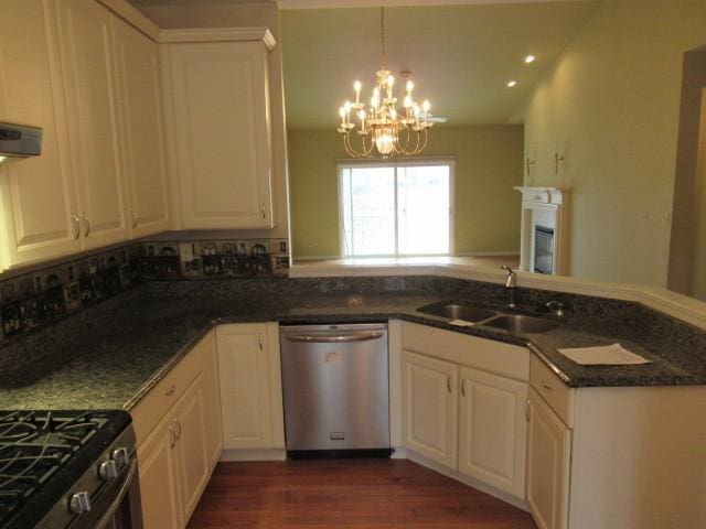 2844 Waterfront Ave, Algonquin, IL 60102 - kitchen featuring a chandelier, white cabinets, dark wood-type flooring, stainless steel dishwasher, and a sink