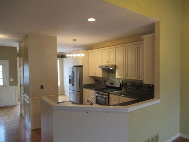 2844 Waterfront Ave, Algonquin, IL 60102 - kitchen featuring a peninsula, under cabinet range hood, wood finished floors, stainless steel appliances, and backsplash