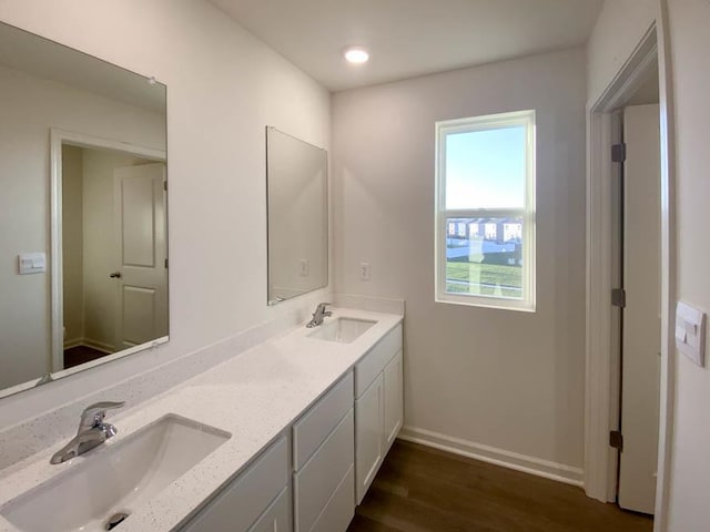 2011 Winterberry Trl, Wonder Lake, IL 60097 - bathroom featuring double vanity, baseboards, a sink, and wood finished floors