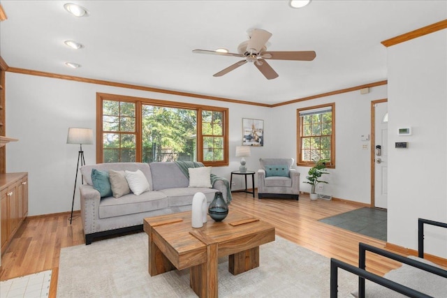 1945 Bosworth Ln, Northfield, IL 60093 - living area with light wood-type flooring, ceiling fan, baseboards, crown molding, and recessed lighting