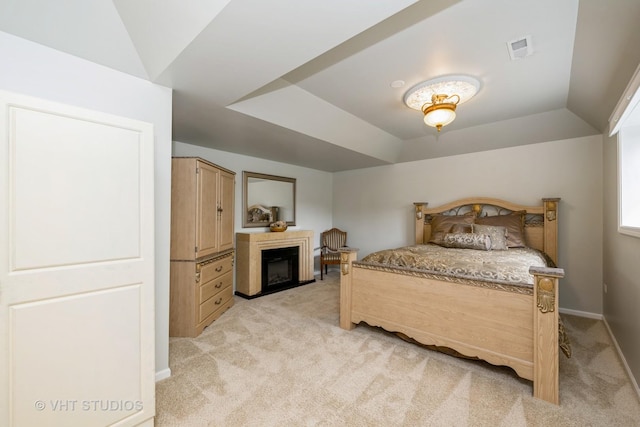 1641 Foster Cir, Algonquin, IL 60102 - bedroom featuring light carpet, a tray ceiling, a fireplace, and baseboards