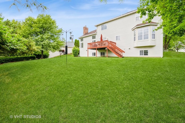1641 Foster Cir, Algonquin, IL 60102 - rear view of house featuring stairway, a chimney, a lawn, and a wooden deck
