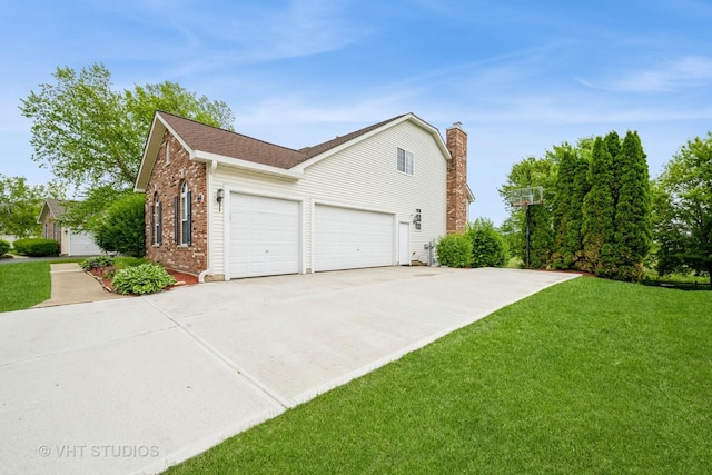 1641 Foster Cir, Algonquin, IL 60102 - view of side of property with brick siding, driveway, a lawn, an attached garage, and a chimney