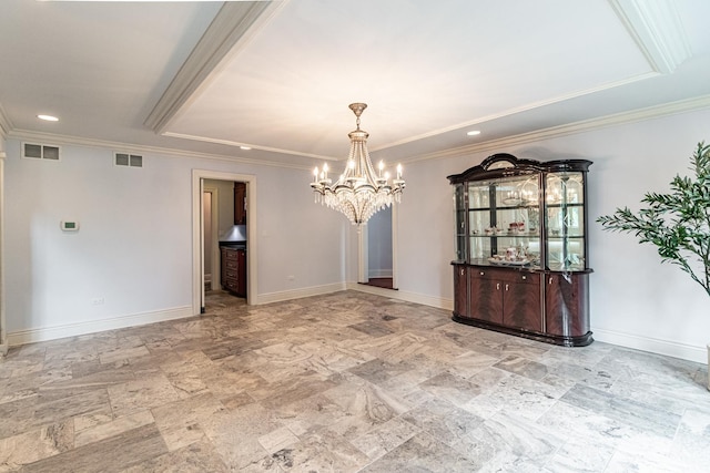 2426 Lexington Dr, Long Grove, IL 60047 - unfurnished dining area with a chandelier, ornamental molding, stone finish flooring, and recessed lighting