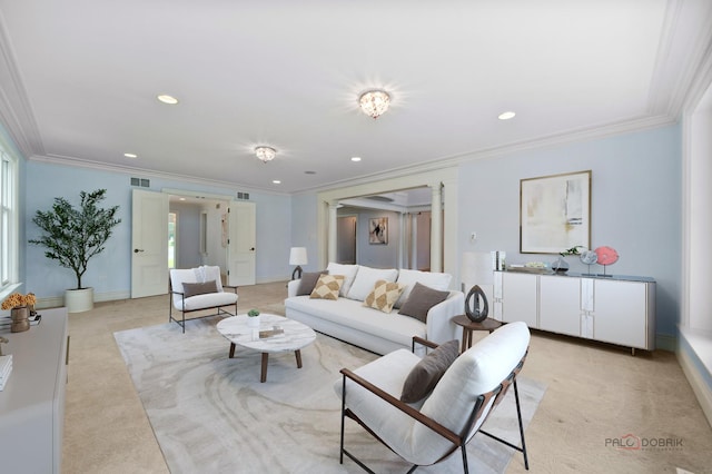 2426 Lexington Dr, Long Grove, IL 60047 - living area with crown molding, light colored carpet, recessed lighting, and healthy amount of natural light