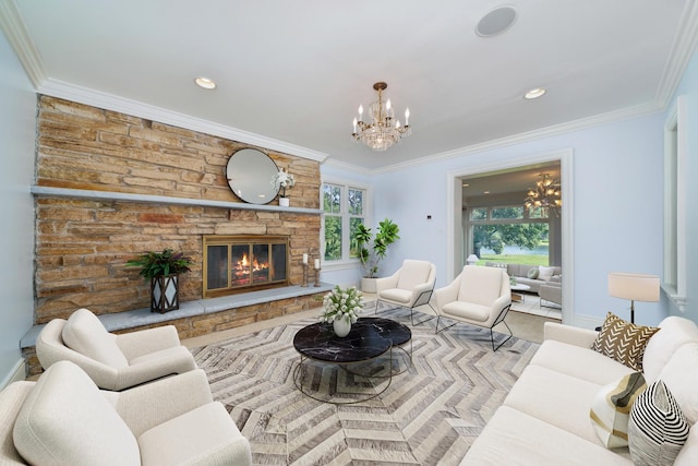 2426 Lexington Dr, Long Grove, IL 60047 - living room featuring a chandelier, a stone fireplace, crown molding, and recessed lighting