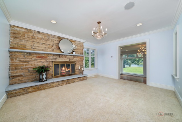 2426 Lexington Dr, Long Grove, IL 60047 - unfurnished living room featuring carpet, a chandelier, a fireplace, crown molding, and recessed lighting